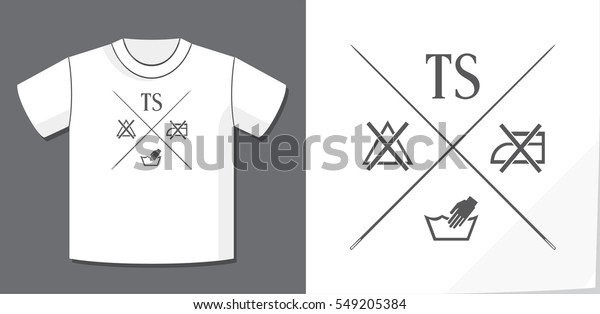 Authentic Lettering Logo TS Washing Symbols and\
Crossed Needles Creative Concept with Potential Application Example\
on T-Shirt Vector Template - Grey Elements on White Background -\
Flat Graphic Design