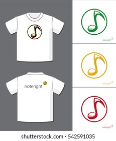 Authentic Logo Design Idea Depicting Music Note Sign and Noteright Text in Jamaican Style with Potential Application Example on T-Shirt Vector Template - Black Engraved Elements on White Background