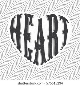 Authentic Logo Lettering Heart in Shape of Symbolic Heart in Front of Repeating Diagonal Wavy Lines - Pale Black Grunge Elements on White Rough Paper Background - Retro Style Vector Graphic