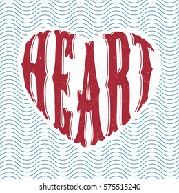 Authentic Logo Lettering Heart in Shape of Symbolic Heart in Front of Repeating Wavy Lines - Red and Blue Grunge Elements on White Rough Paper Background - Retro Style Vector Graphic
