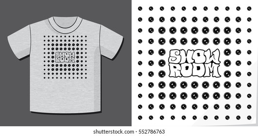 Authentic Logo Lettering Show Room and Loudspeakers as Halftone Effect Square with Potential Application Example on T-Shirt Template - Black Elements on Heather Grey Background - Hippie Graffiti Style