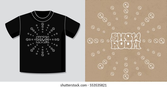 Authentic Logo Lettering Show Room and Loudspeakers as Rays Circle with Potential Application Example on T-Shirt Vector Template - White Elements on Brown Cardboard Background - Hippie Graffiti Style