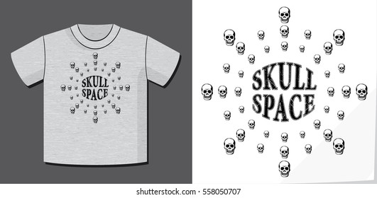 Authentic Logo Lettering Skull Space and Plenty Skulls as Rays Circle with Potential Application Example on T-Shirt Vector Template - Black Elements on Heather Grey Background - Flat Graphic Design