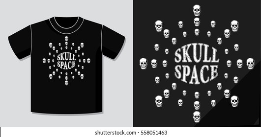 Authentic Logo Lettering Skull Space and Plenty Skulls as Rays Circle with Potential Application Example on T-Shirt Vector Template - White Elements on Black Background - Flat Graphic Design