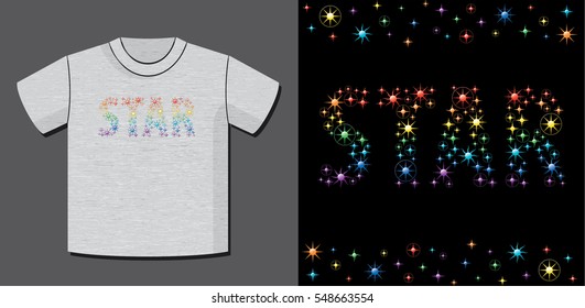 Authentic Logo Star Combined of Different Stars Creative Concept with Potential Application Example on T-Shirt Vector Template - Rainbow Colors Elements on Heather Grey Background - Gradient Graphic
