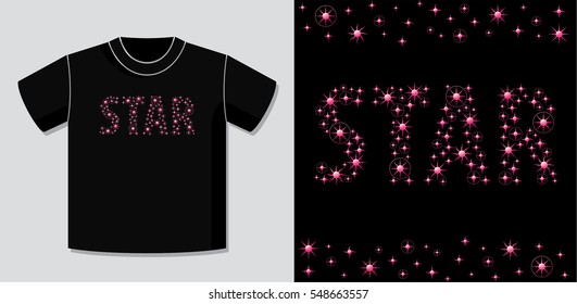 Authentic Logo Star Combined of Different Stars Creative Concept with Potential Application Example on T-Shirt Vector Template - Pink Elements on Black Background - Gradient Graphic Style