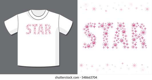 Authentic Logo Star Combined of Different Stars Creative Concept with Potential Application Example on T-Shirt Vector Template - Pink Elements on White Background - Gradient Graphic Style