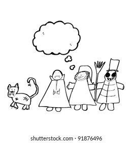 authentic looking child's drawing of a halloween group
