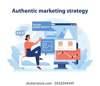Ilustración de estrategia de marketing auténtico. Un especialista en marketing que presenta un gráfico de identidad de marca, integrando los valores centrales en un enfoque de marketing genuino. Ilustración vectorial plana.