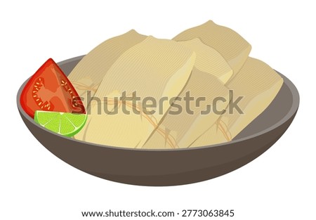 Authentic mexican tamale dish wrapped in corn husks served with fresh lime and tomato slice on plate. Flat vector illustration of latin american cuisine isolated on white background.
