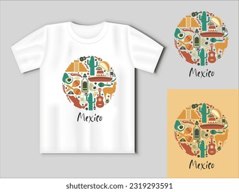 Authentic Mexico signs. Sombrero, Tequila, Pyramids, Chili Pepper, Llama, Maracas, Avocado on a Vector Illustration. Travel concept with t-shirt mockup