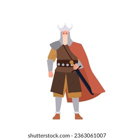 Auténtico personaje de caricatura de dibujos animados bárbaros de nordic con casco, armadura y capa con arma