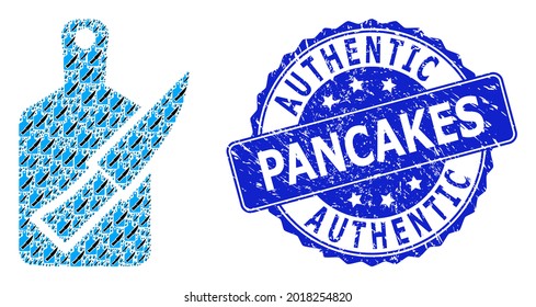 Authentic Pancakes dirty round watermark and vector fractal collage cutting board and knife. Blue seal has Authentic Pancakes tag inside round shape.