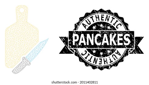 Authentic Pancakes scratched seal imitation and vector cutting board and knife mesh structure. Black seal includes Authentic Pancakes tag inside ribbon and rosette.