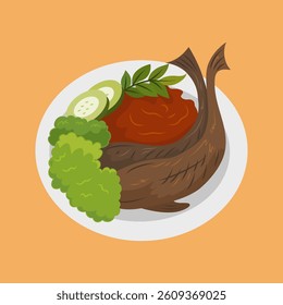 Authentic Pecel Lele Vector Illustration - Indonesian Traditional Fried Catfish Dish. A beloved Indonesian street food featuring crispy fried catfish served with spicy sambal and vegetables 