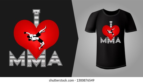 Authentic print for black t-shirt design with "i love mma" slogan and red heart symbol with mma athletes inside. Vector illustration. Graphics for sport and fan apparel. Tee shirt mock up.