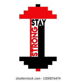 Authentic print for white t-shirt design with "stay strong" slogan and dumbbell symbol. Vector illustration. Graphics for training and bodybuilding clothing.