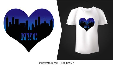 Authentic print for white t-shirt design with black silhouette of New York skyscrapers and blue sky inside heart symbol. Tee shirt mock up with symbol of love for New York. Vector illustration.