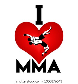 Authentic print for white t-shirt design with "i love mma" slogan and red heart symbol with mma athletes inside. Vector illustration. Graphics for sport and fan apparel.