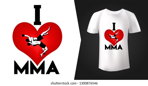 Authentic print for white t-shirt design with "i love mma" slogan and red heart symbol with mma athletes inside. Vector illustration. Graphics for sport and fan apparel. Tee shirt mock up.