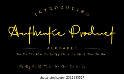 Authentic Product Lettering signature font isolated on grey background. brus style alphabet. Vector logo letters.