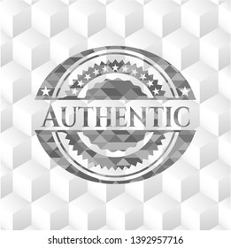 Authentic realistic grey emblem with geometric cube white background