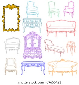 Authentic Rococo Furniture Colored Doodles And Mirror Isolated On White