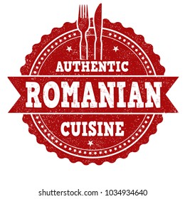 Authentic romanian cuisine grunge rubber stamp on white background, vector illustration