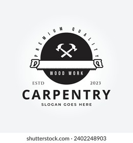 authentic saw with hammer logo vector illustration design, carpentry icon symbol design