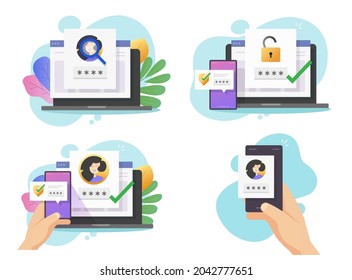 Authentic secure password verification via two factor and face id identification on cell phone and computer vector flat cartoon, 2fa security protection access, 2 step authentication, internet safety