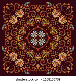 authentic silk neck scarf or kerchief square pattern design in eastern style for print on fabric, vector illustration. Hot colors fantasy flower on vinous background.
