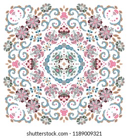 authentic silk neck scarf or kerchief square pattern design in eastern style for print on fabric, vector illustration. Pastel delicate fantasy flower on white background.