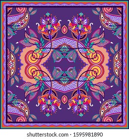 authentic silk neck scarf or kerchief square pattern design in ukrainian style for print on fabric, vector illustration