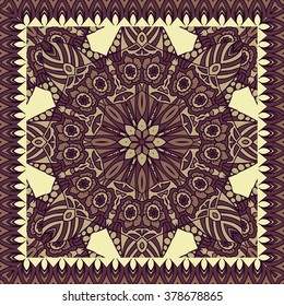 Authentic silk neck scarf or kerchief square pattern design in ethnic style for print on fabric, tile, wrapping paper. Vector illustration. Boho, vintage fashion