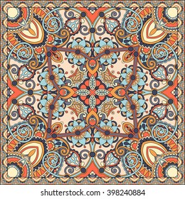 authentic silk neck scarf or kerchief square pattern design in ukrainian style for print on fabric, vector illustration