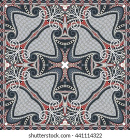 authentic silk neck scarf or kerchief square pattern design in ukrainian style for print on fabric, vector illustration
