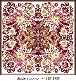 authentic silk neck scarf or kerchief square pattern design in eastern style for print on fabric, vector illustration. Vinous green fantasy flower on white background.