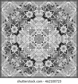 authentic silk neck scarf or kerchief square pattern design in eastern style for print on fabric, vector illustration. Black and white fantasy flower on gray background.