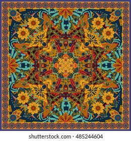 authentic silk neck scarf or kerchief square pattern design in eastern style for print on fabric, vector illustration