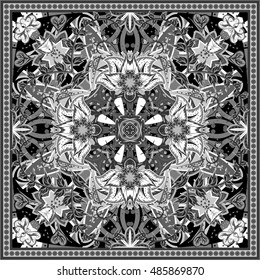 Authentic silk neck scarf or kerchief square pattern design in eastern style for print on fabric, vector illustration. Black and white colors.