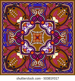 authentic silk neck scarf or kerchief square pattern design in ukrainian style for print on fabric, vector illustration