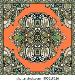authentic silk neck scarf or kerchief square pattern design in ukrainian style for print on fabric, vector illustration