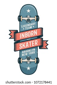 Authentic skateboarding logo in old school style. Classic Skateboard with heraldic ribbon and inscriptions. Worn textures on separate layer.