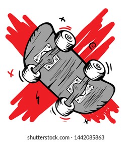 Authentic skateboarding logo in old school style. Skateboard crossed out with red paint