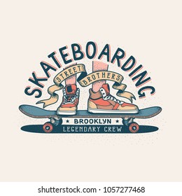 Authentic Skateboarding vintage print design for T-shirt with legs in sneakers standing on skateboard and heraldic ribbon with inscriptions.