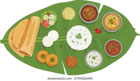Authentic South Indian Meal with Sambar and Dosa on Banana Leaf Design