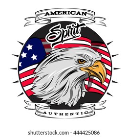 Authentic spirit of USA emblem with eagle head on american flag background inside round vector illustration