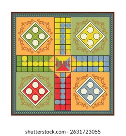 Authentic style retro Ludo game board in mute pastel tones.