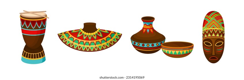 Authentic Symbols of Africa with Ornamental Drum, Necklace, Vase and Mask Vector Set
