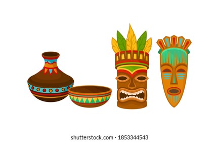 Authentic Symbols of Africa with Ornamental Mask and Pottery Vector Set